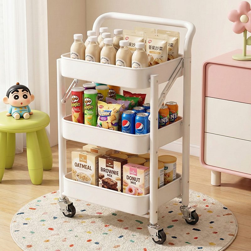 Factory Foldable Snack Storage Rack, Floor-Standing Layered Toy and Backpack Storage Shelf, Kitchen Movable Trolley