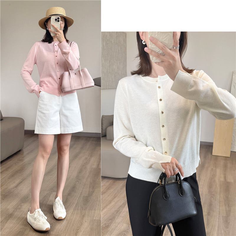 Exquisite Small Gold Buckle Shimmering Cardigan [High-Quality] Tencel Linen Round Neck Thin Knit Top for Women, Elegant Short Top for Summer