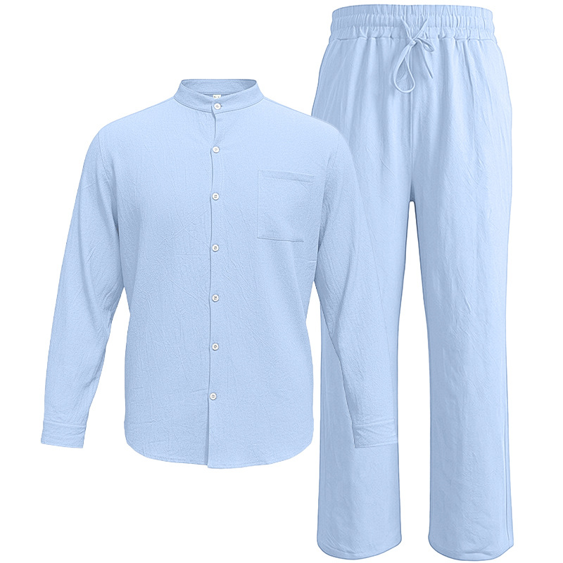 Estación independiente transfronteriza lino Henry cuello camisa hombre TK tamaño europeo suelta transpirable mangas largas camisa larga dos piezas set