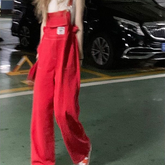 Red Strap Pants Women's Korean-style Loose Small American-style Retro Slimming Western-style High Waist Straight Wide-length Jeans