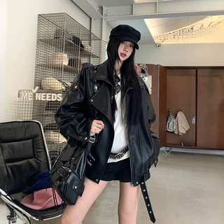 酷帅高级感翻领皮衣外套女春秋新款拉链港风pu皮夹克机车上衣潮