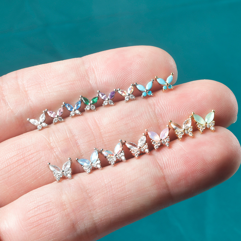 1 Piece Artistic Butterfly Stainless Steel Inlay Turquoise Zircon Ear Studs display picture 3