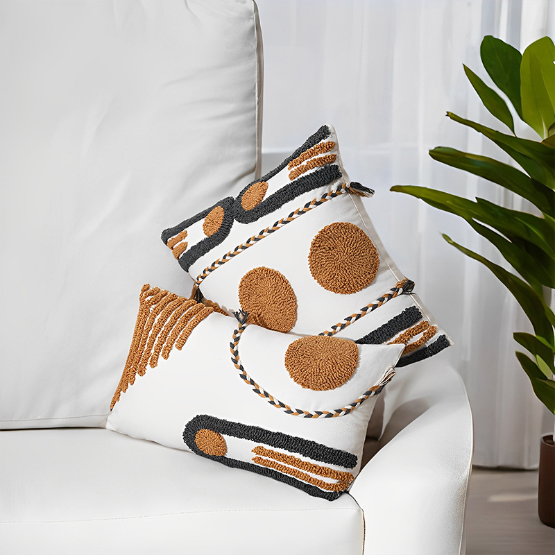 Funda de cojín de terciopelo con borlas naranja y gris, estilo retro simple, geométrico, para sala de estar, soporte lumbar, cojín cuadrado grande para sofá
