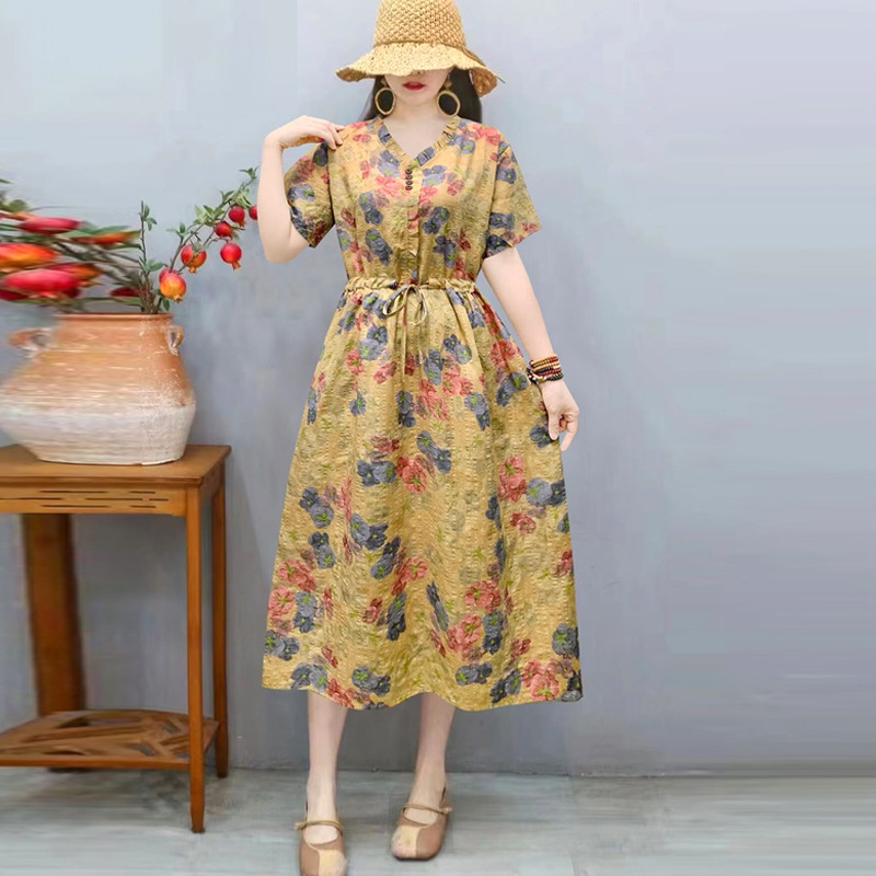 2026 Summer New Style Artistic Retro Cotton and Linen Printed Loose Mid-Length Dress Slimming Tie-Up Dress