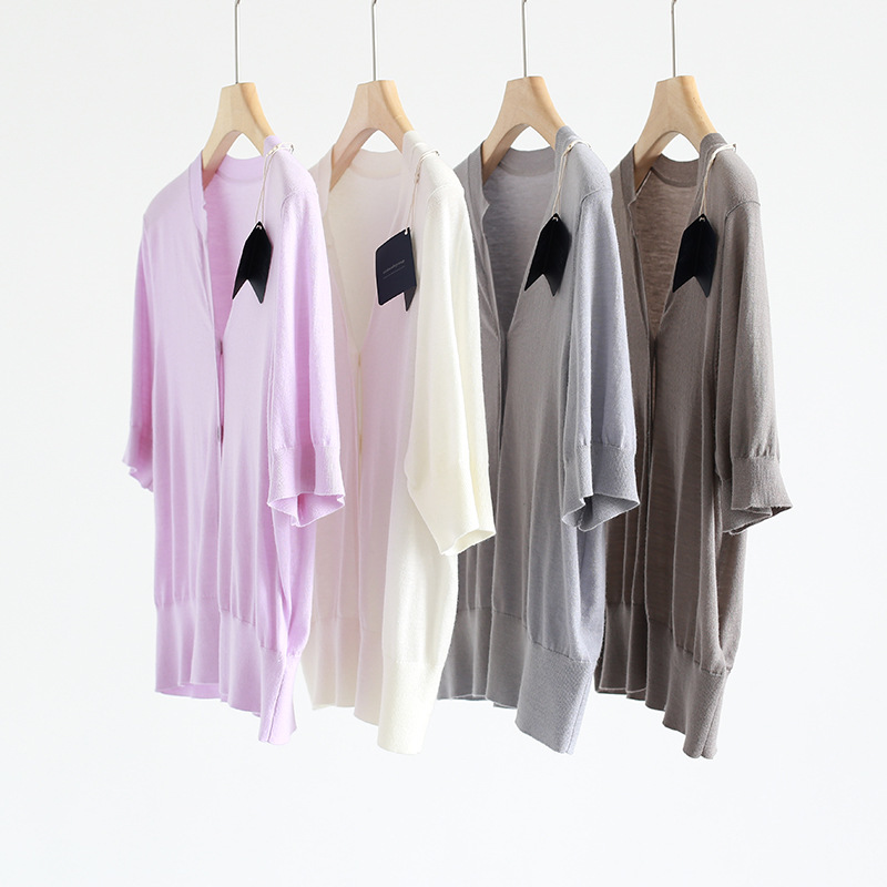 Spring and Summer Thin Worsted Yangzi Yarn Merino Wool Short-sleeved Sweater Women's Elegant Commuter Loose Cardigan
