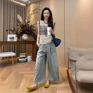 美式阔腿蝴蝶镂空九分牛仔裤女夏季新款时尚宽松显瘦复古牛仔裤子