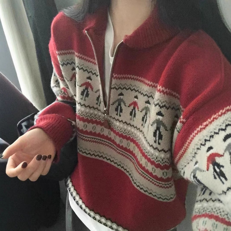 Vintage Jacquard Lapel Half Zip Fell Island Sweater Women's Autumn and Winter Loose Lazy Retro Soft Waxy Sweater Top