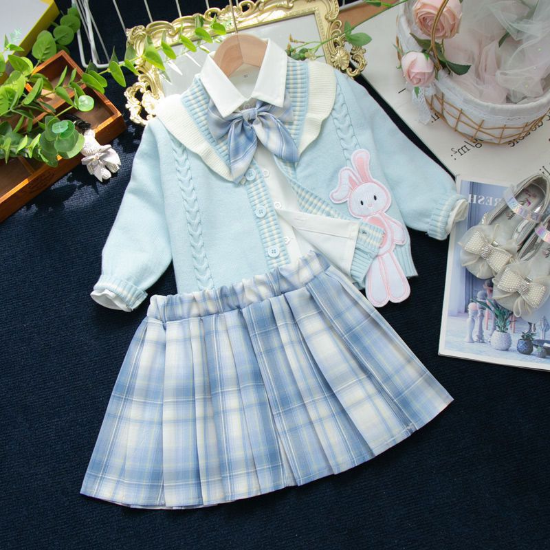 Girls Autumn Suit Preppy Style Jk Pleated Skirt 2025 New Girl Rabbit Cardigan Sweater Shirt Three-Piece Set