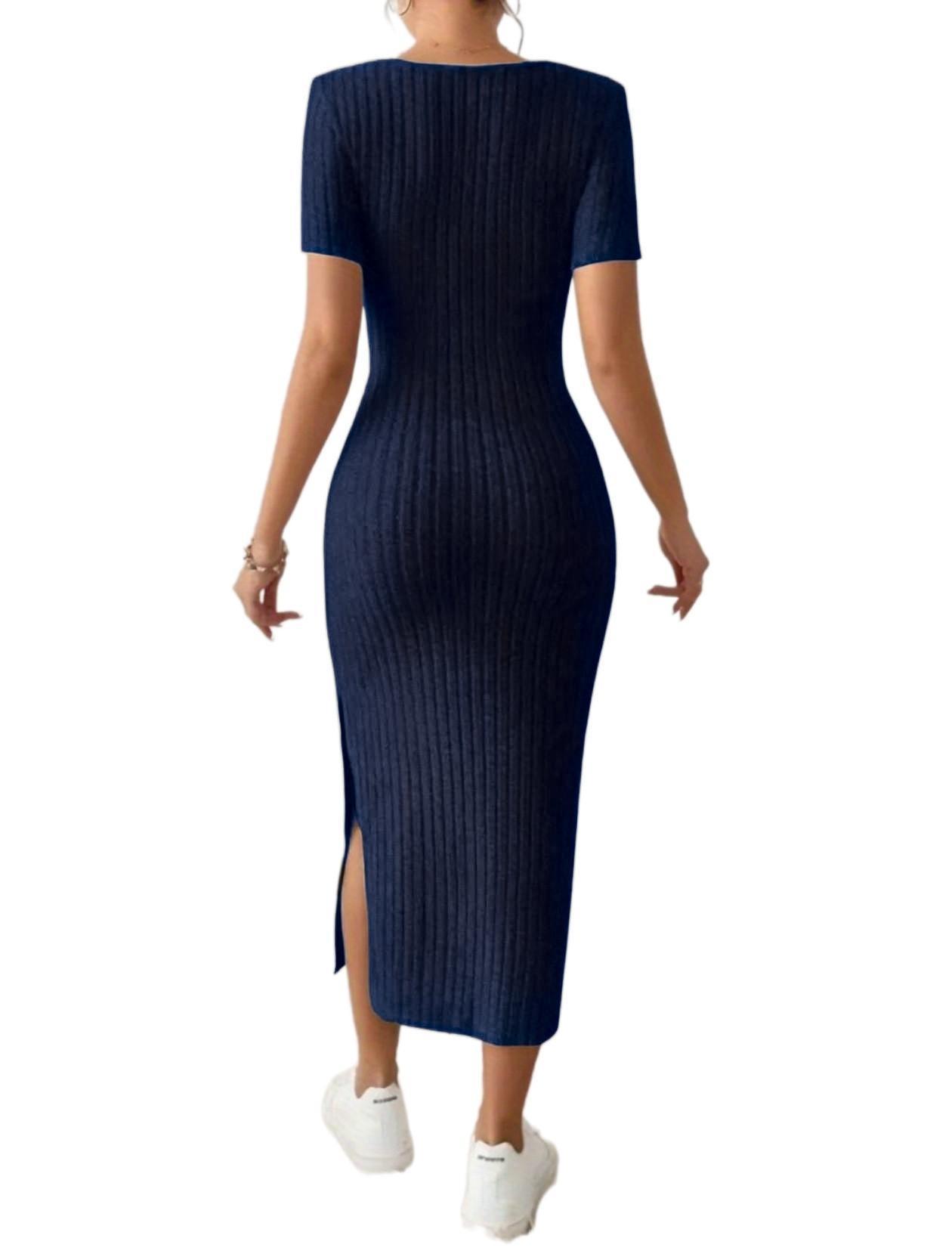 Women's Square Neck Slim Fit Bodycon Dress Sexy Slit European American Style Soft Summer Fashion Dress_ecoleips.com
