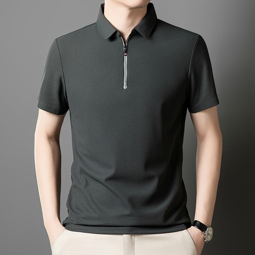 Summer Men's Short-Sleeve Chiffon T-Shirt with Zipper Decoration, Suitable for Middle-Aged Men, Collared Casual Trendy Top