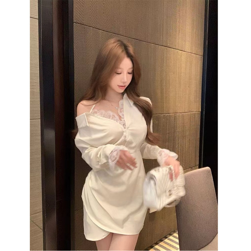 Shirt Dress for Women, Pure and Alluring Style, Off-Shoulder, Long-Sleeved, Autumn New Style, Lace Splicing, Slimming, French-Style Waist-Cinching Short Skirt