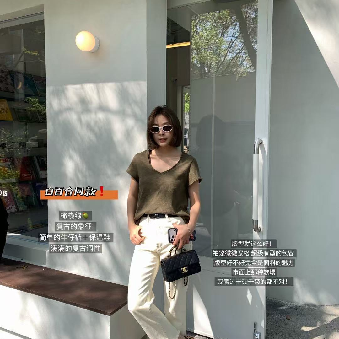 26 New Summer Short-Sleeve Items in Stock Am Bamboo Cotton V-Neck Slimming Versatile Wholesale from Manufacturer