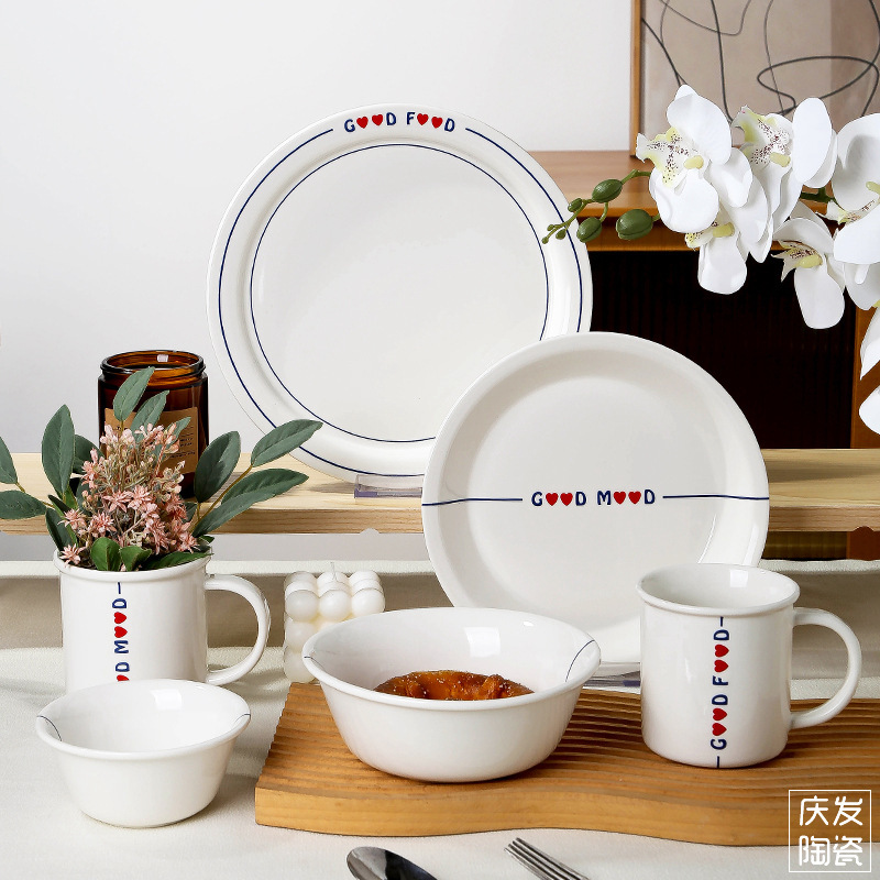 Casual Ceramic Tableware Customized Hotel Aviation Porcelain 8inch 10inch Plate English Rice Bowl Salad Bowl Plate Set
