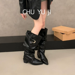 尖头皮带扣骑士堆堆靴女2026新款粗跟高筒靴褶皱长筒靴
