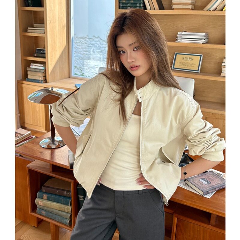 Real Shot of 2025 Autumn and Winter New American Retro Design Casual Stand-Up Collar Cardigan Jacket Top Versatile Jacket for Women