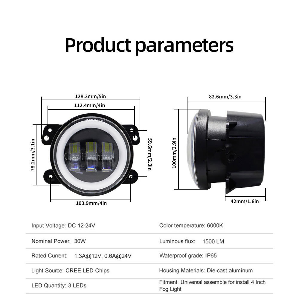 Cross-Border Applicable Jeep Wrangler Dodge 4-Inch 30W Led Fog Light Guide Jk Tj Front Bumper Light Car Fog Light
