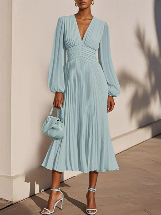 Plus-Size Dress, New Foreign Trade Women's Clothing, Amazon Sexy Pleated V-Neck Long-Sleeve Chiffon Dress