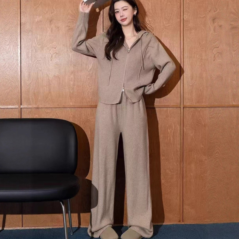 秋冬新款软糯时尚运动针织套装宽松连帽开衫阔腿两件套舒适女装潮|undefined