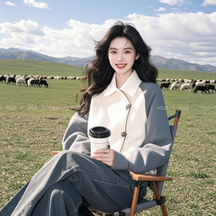 今年流行的高级感超好看白色翻领拼接斜襟卫衣2025年新款女装春季