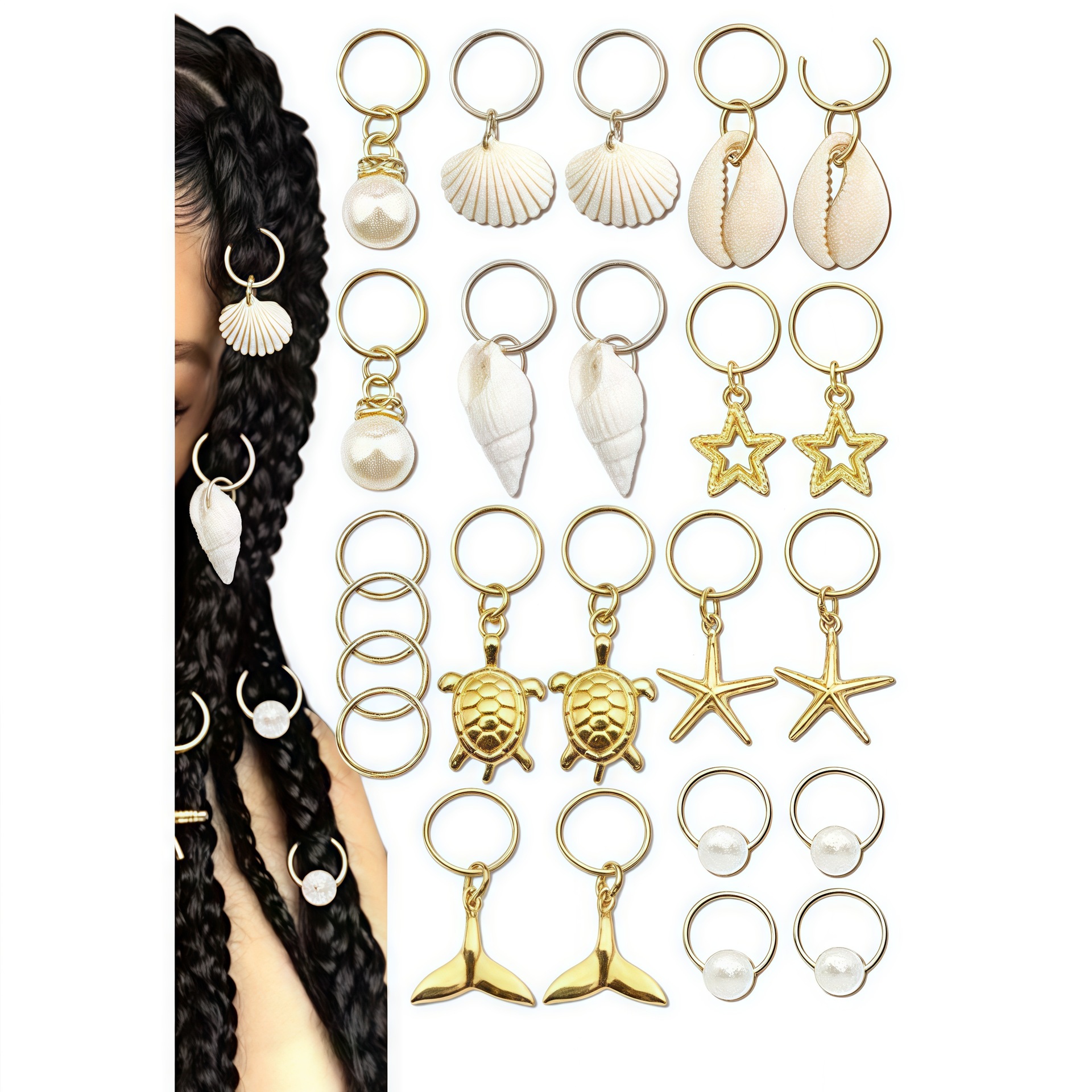 24 piezas de perlas europeas y americanas concha transfronteriza anillo de pelo de joyería de estilo marino