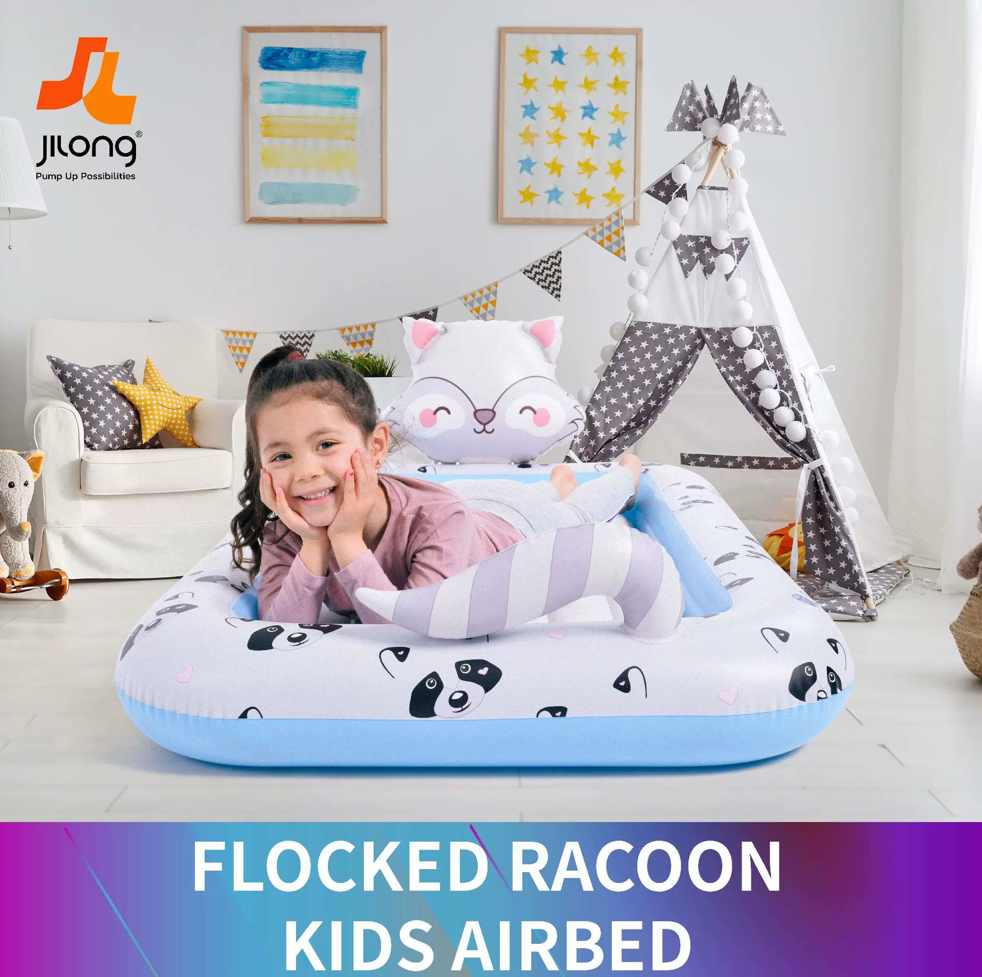 JILONG充气床加高便携充气儿童气垫懒人空气床可折叠植绒午休床垫