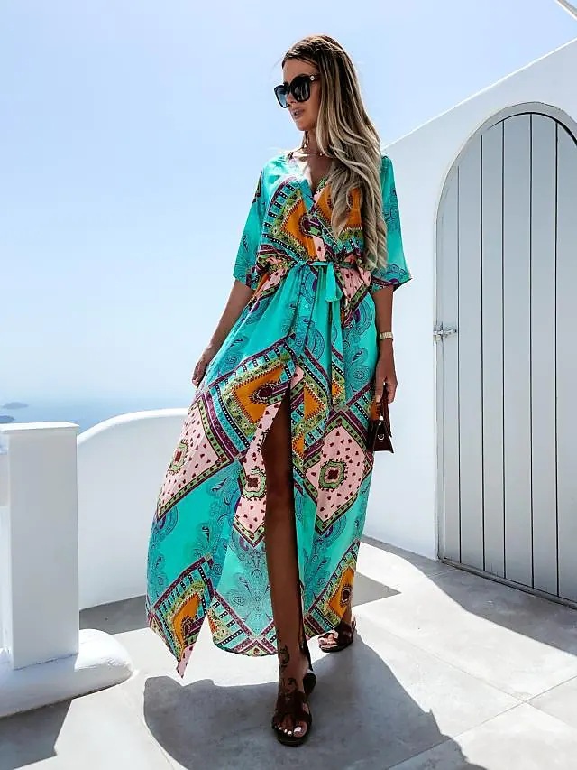 Femmes Robe Régulière Élégant Col En V Impression Manche Courte Bloc De Couleur Maxi Longue Robe Vacances display picture 2