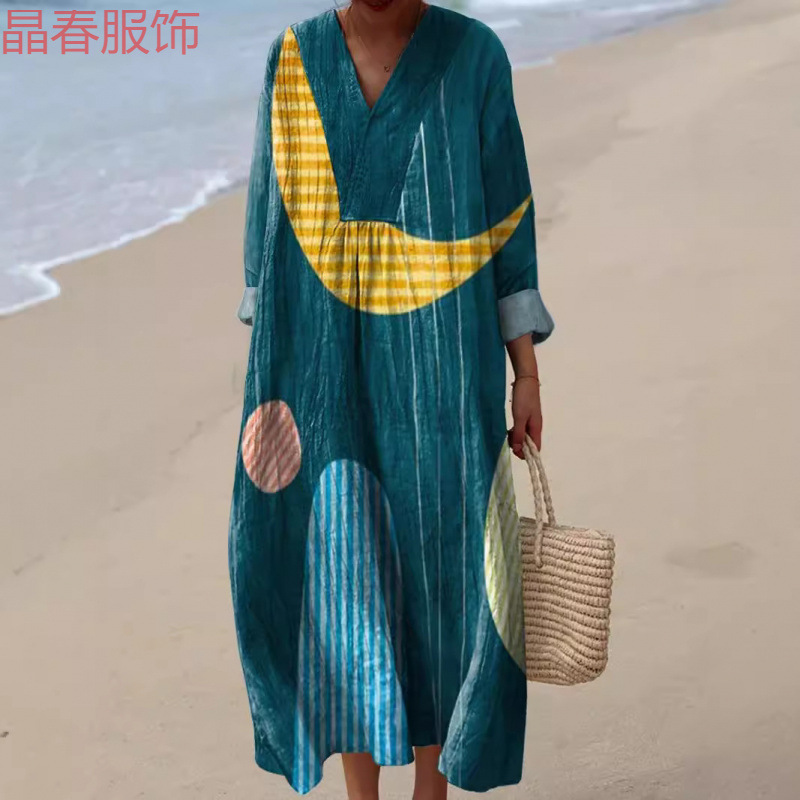 Cross-Border Independent Long-Sleeved Shirt Dress for Women Casual Floral Print Sleeve Long Skirt
