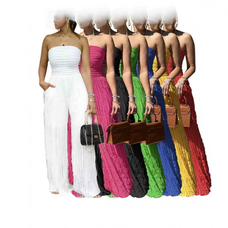 European and American Style Ruched Tube Top with Ruffled Wide-Leg Pants Jumpsuit, New Sleeveless Cross-Border Fashion