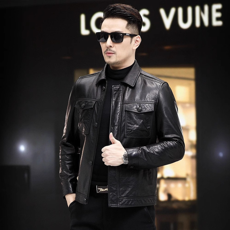 Men's Haining Oil Wax Cowhide Jacket Down Lamb Wool Collar Removable Lapel Winter Leather Coat Thick Men's Haining Oil Wax Cowhide Jacket Down Lamb Wool Collar Removable Lapel Winter Leather Coat Thick