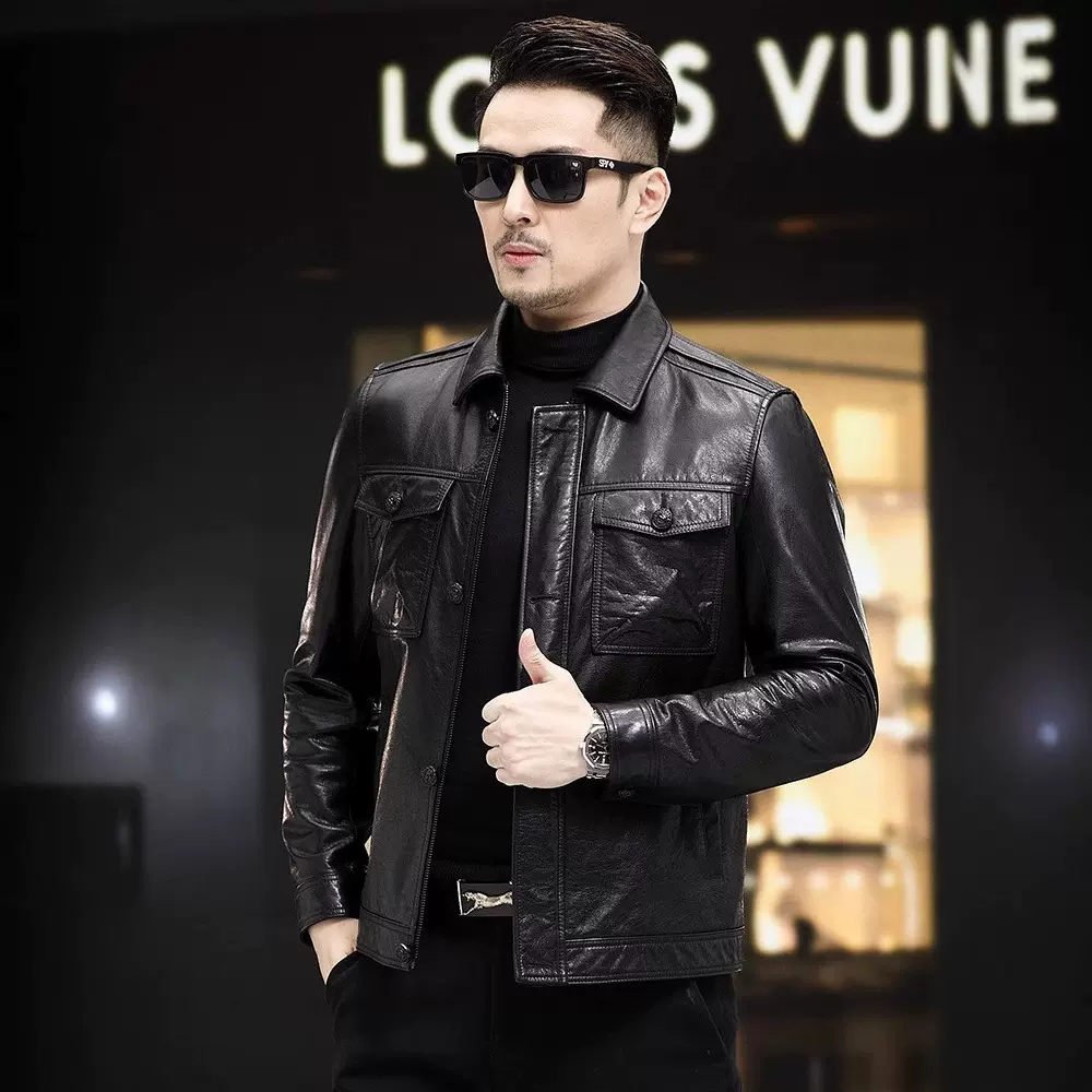 男士海宁油蜡牛皮头层夹克羽绒羊羔毛领可脱卸翻领冬装皮衣外套厚