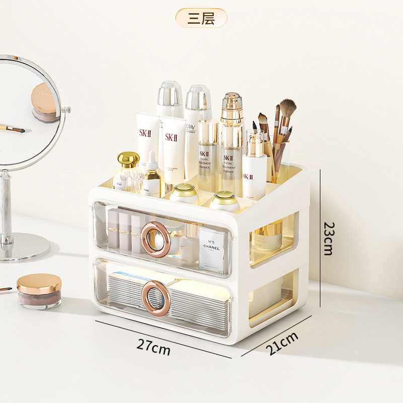 Caja de almacenamiento de cosméticos a prueba de polvo de escritorio transparente tocador de gran capacidad de cuidado de la piel de alto grado de almacenamiento rack de acrílico caja