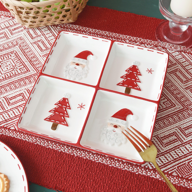 Papá Noel nórdico plato de cerámica platos de cubierta de cuatro placas de relieve creativo de estilo occidental plato de bocadillos