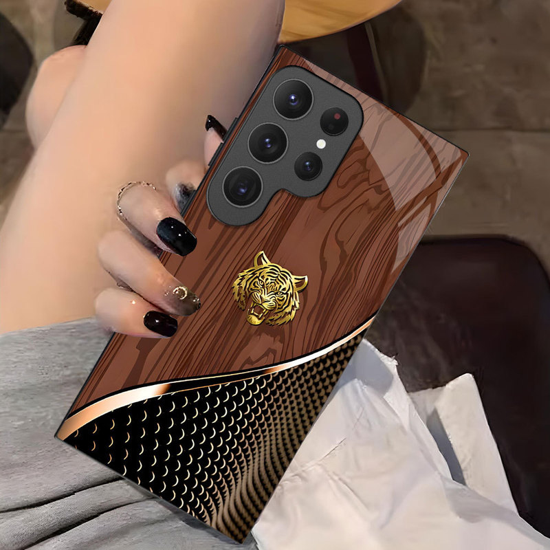 High-End Glass Case Suitable for Samsung S24Plus Mobile Phone Case S21Ultra Mobile Phone Protective Cover Wood Grain A35 Tiger