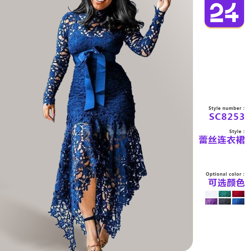 2026 New European and American Foreign Trade Women's Clothing Wish Lace Hollow-Out Long-Sleeve Stand Collar Tie 5-Color Irregular Dress