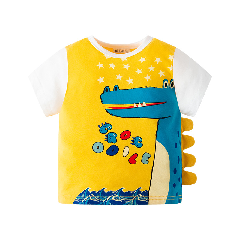 Nuevo verano dibujos animados dinosaurio de manga corta Camiseta niños ropa de verano patchwork manga corta estilo coreano entrega de una sola pieza ropa para niños al por mayor