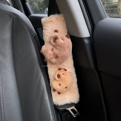Maillard Color Kapibala Plush Car Seat Belt Shoulder Cover Car Decoration New Car Gift (Seat belt shoulder pad) - crooked-head-capibala-rabbit-velvet-shoulder-cover