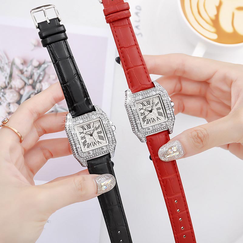 Diamond-Encrusted Men's and Women's Couple's Watches, Cross-Border Square Large Dial Leather Strap Life Waterproof Quartz Watch