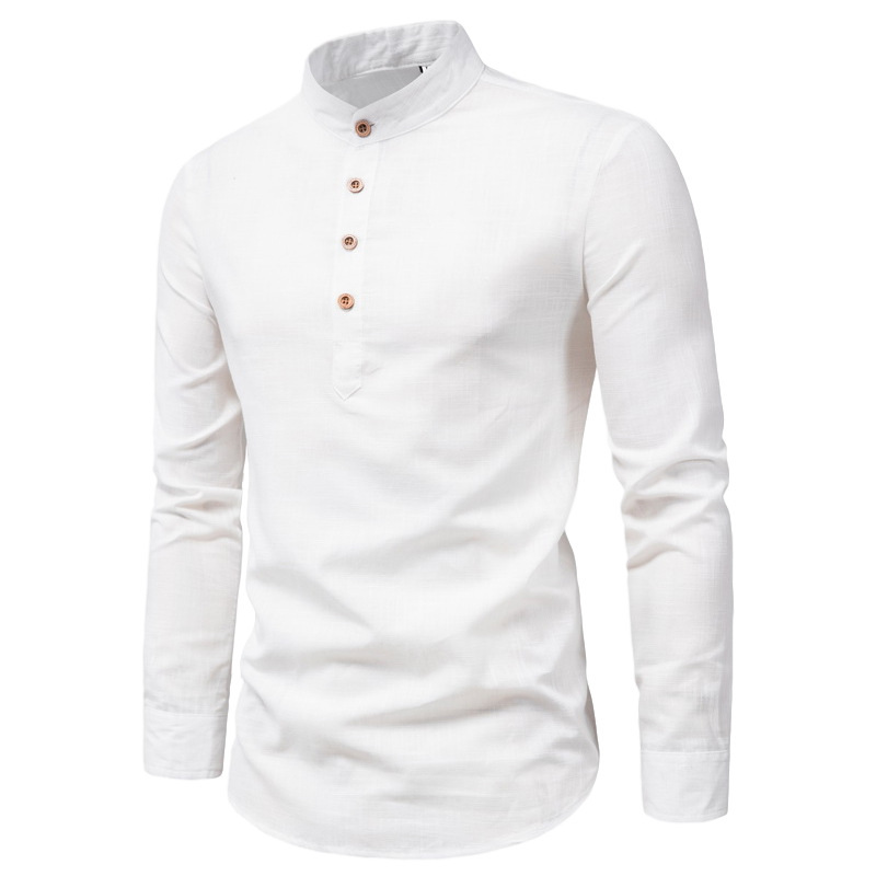 Men's Shirt Fashion Solid Color Long Sleeve Stand Collar Cotton Linen Half Open Shirt
