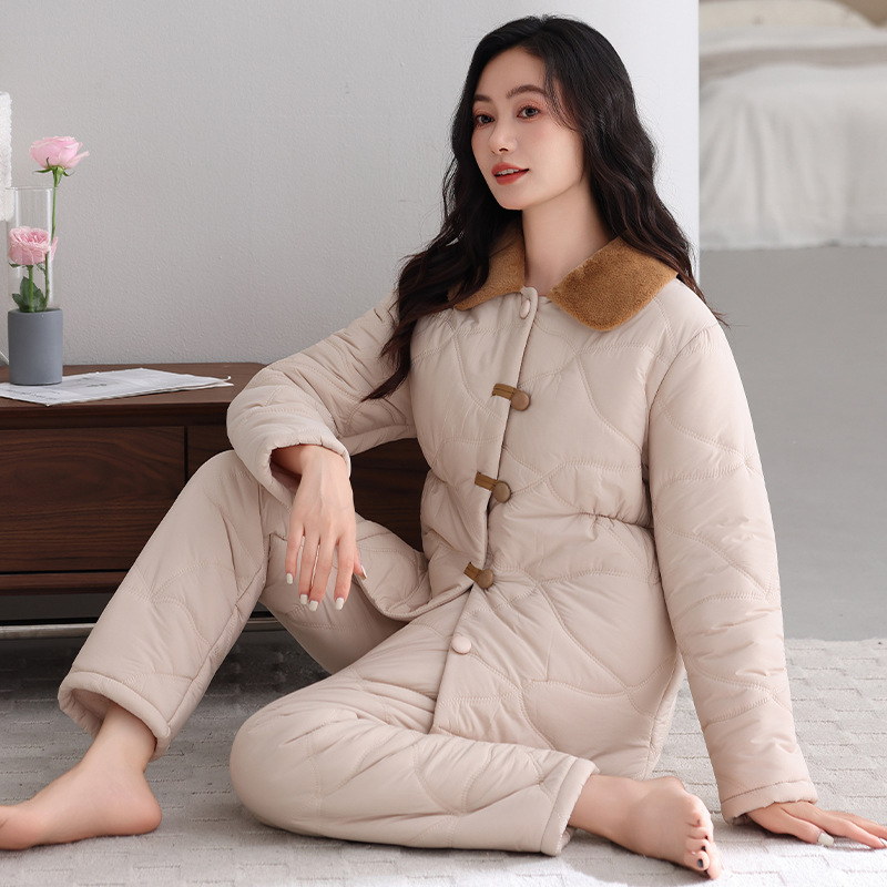 实体新款羽绒夹棉冬季睡衣女三层加厚开衫保暖家居服长袖加绒套装