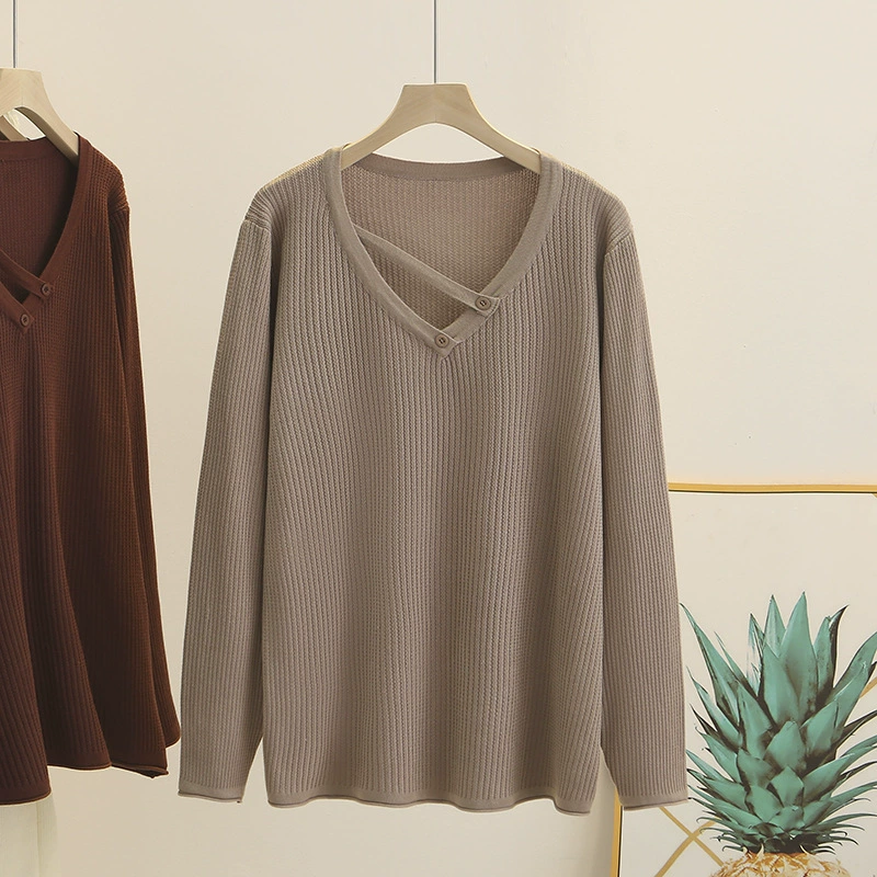 Large size knitted sweater V-neck women's 200 catties slimming top 2024 autumn stretch sweater fat MM casual shirt 8419