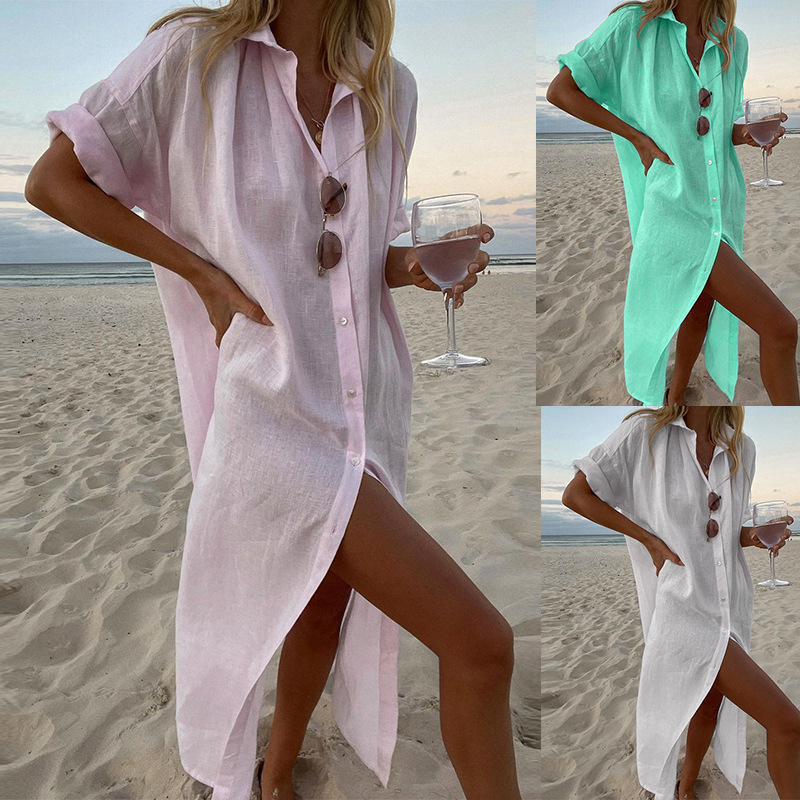 FD874 in stock cross-border European and American women's clothing ins style solid color casual long sleeve long cotton and linen shirt dress