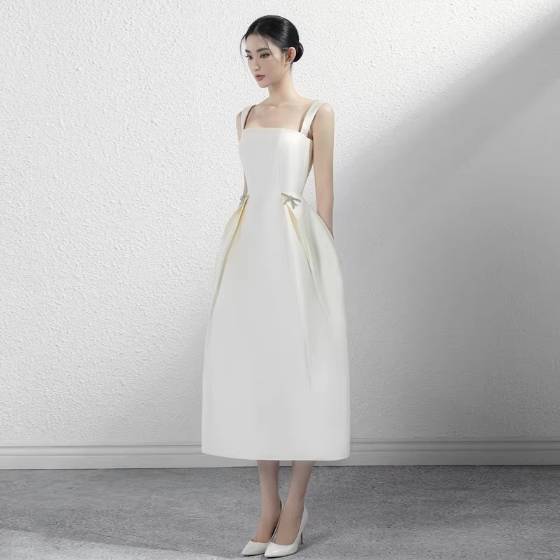 Diseño de nicho francés, vestido de noche con tirantes de satén blanco, fiesta de cumpleaños, temperamento, generalmente puedes usar vestidos