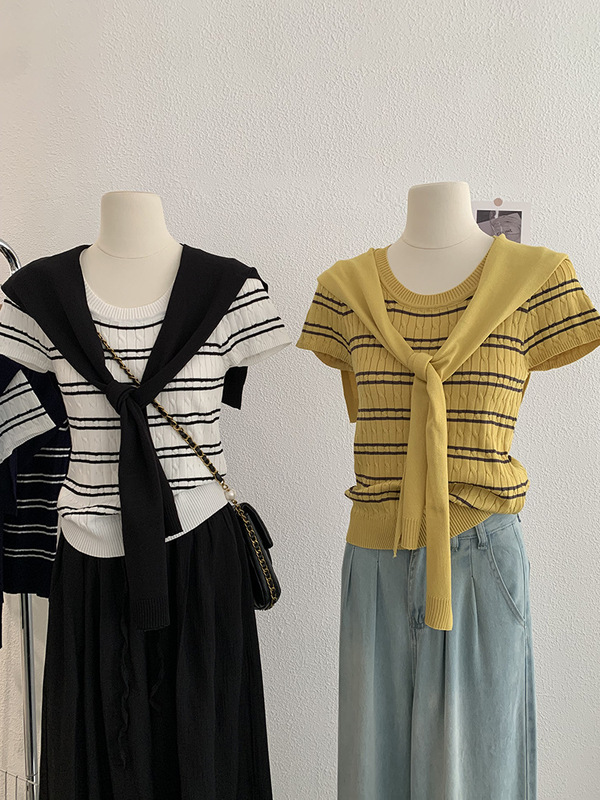 Omalai コントラストカラーラウンドネックストライプポニー刺繍クールシルク半袖セータートップとショール付き女性用 3847|undefined