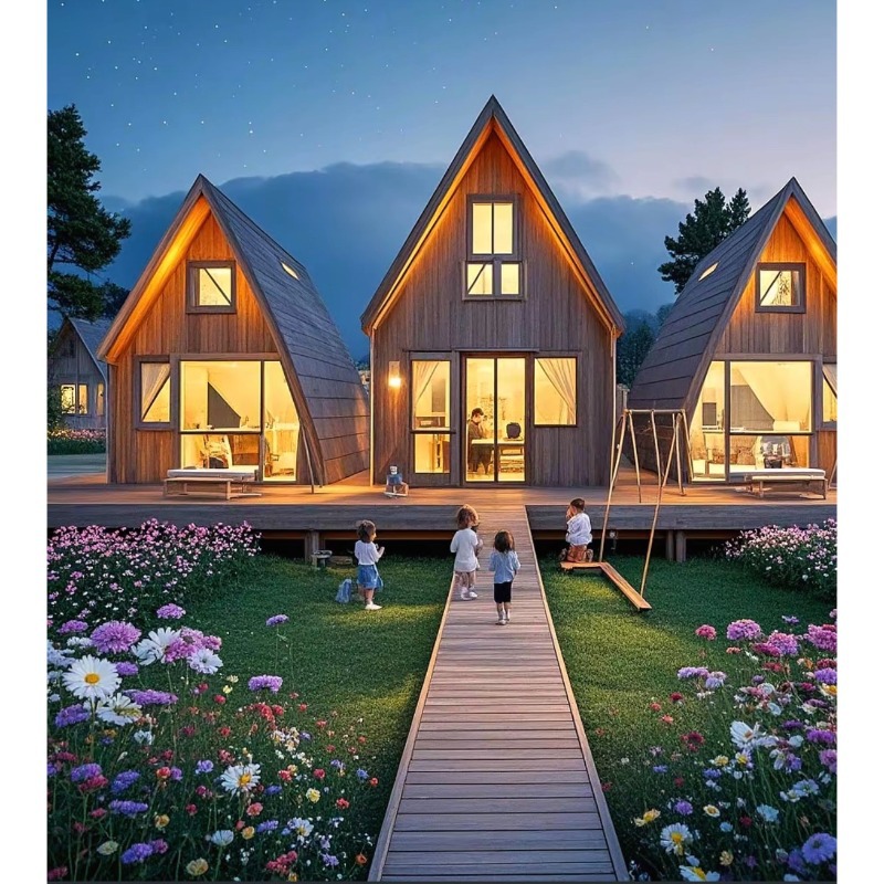 Características al aire libre de camping de lujo salvaje casa de madera triangular alojamiento residencial casa extraña pequeña casa móvil escénica casa de madera forestal