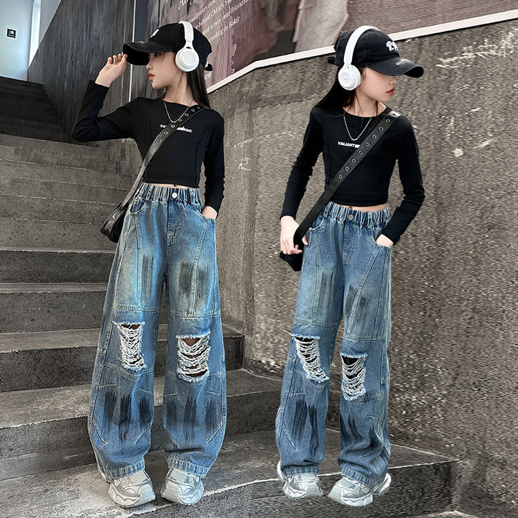 Spot Spring New Paint Style Hole Girls Fashion Children's Miscellaneous European And American Jeans Denim Loose Pants_voghion.com