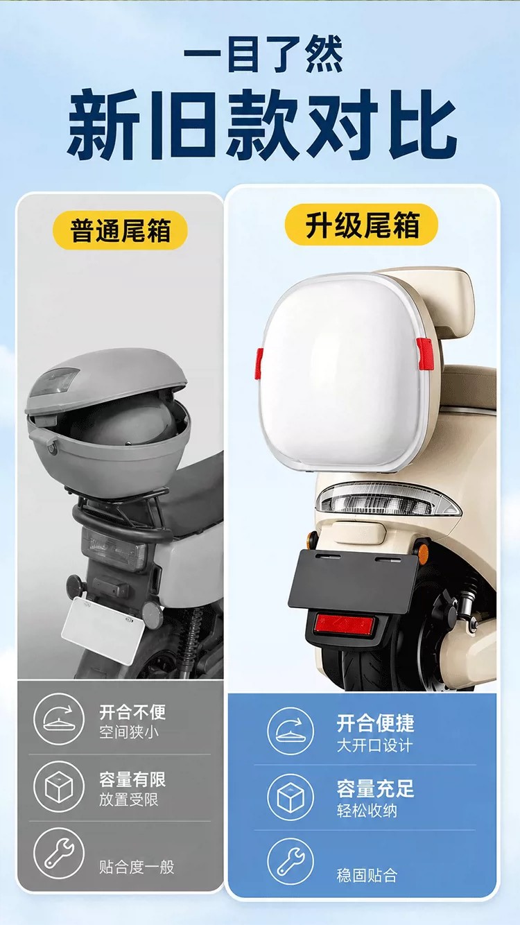 Electric scooter rear storage box, large capacity, for helmets, chargers, and other items; waterproof and dustproof; also functions as a backrest storage box for electric bikes