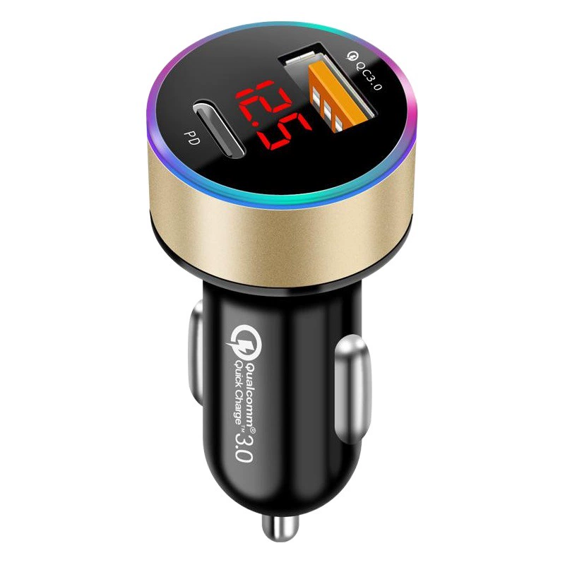 Автомобильное зарядное устройство с цифровым дисплеем, двумя портами USB, расширением Type-C, сверхбыстрой зарядкой