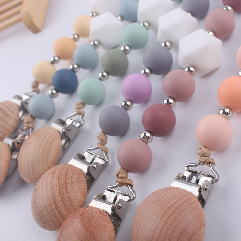 Nuevo bebé haya chupete clip calmante bebé grande octogonal contraste color cuentas de silicona mordedura molar chupete cadena