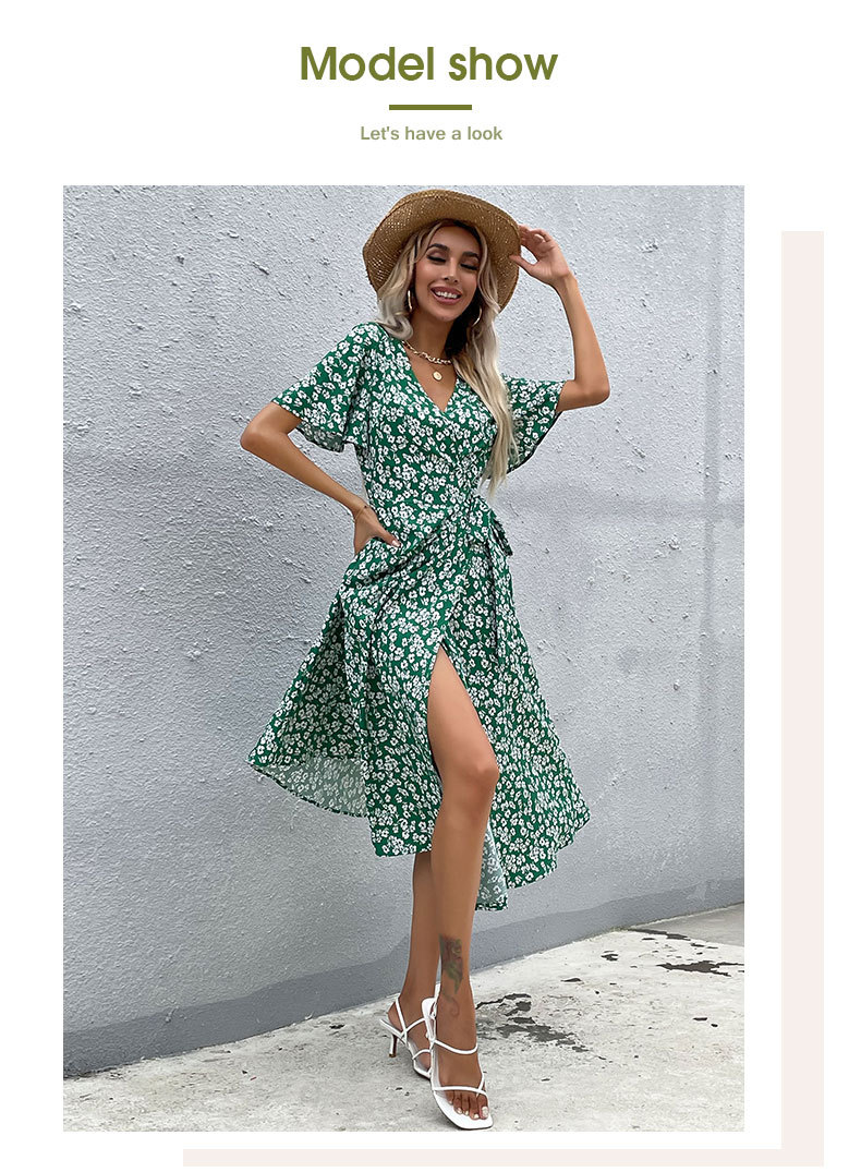 Green Short-Sleeved V-Neck Floral Printed Dress NSYYF104578