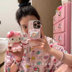 卡通粉白格纹猫咪皮纹波漾磁吸适用iph16promax苹果15手机壳14女